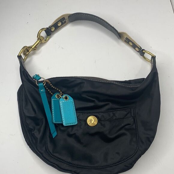 Coach Handbags - Coach black nylon teal leather hobo shoulder bag